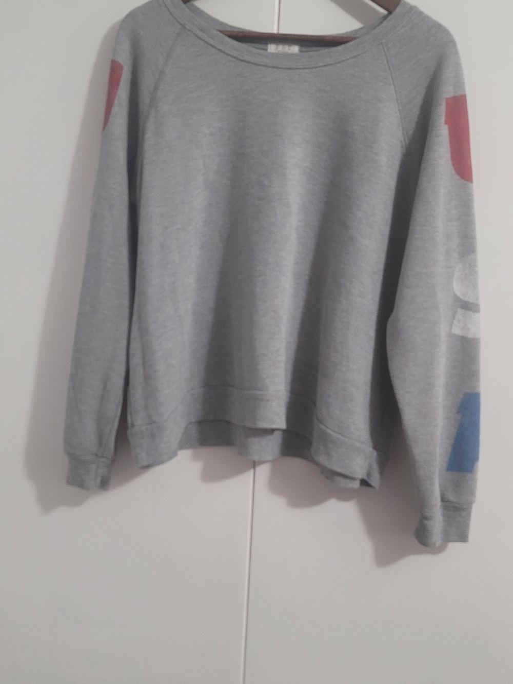 Gray Womans Sweatshirt with Colored Sleeve Accents USA
